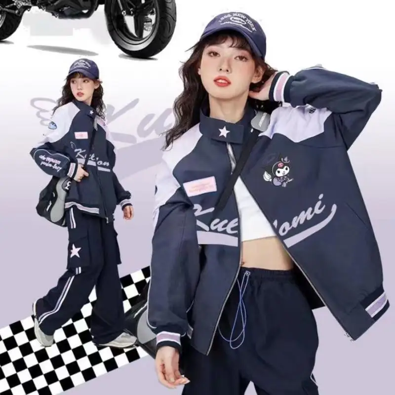 Sanrioed Y2K Kuromi Racer Jacket Kawaii Cinnamoroll Biker Jacket Pants Punching Cartoon Female Loose Warm Windproof Couple Cloth