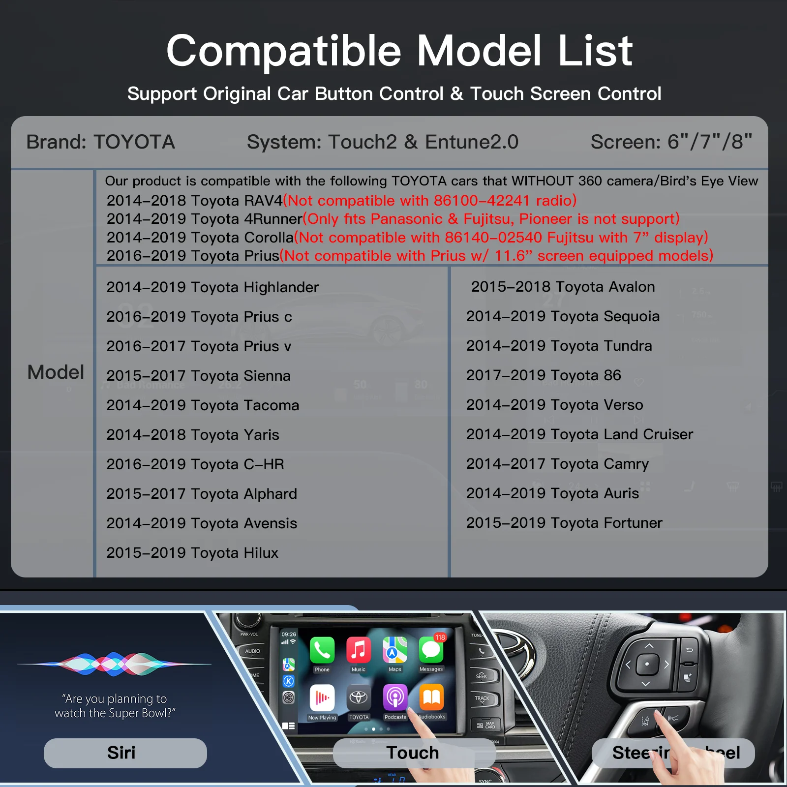 بطاقة لاسلكية لتويوتا 2014-2019 هايلاندر 4 رانر تندرا RAV4 تاكوما لاند كوريزر برادو اوريس افالون أندرويد اوتو فك الترميز