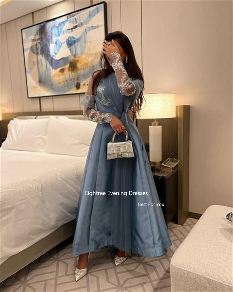 Eightree Graceful Evening Dress Stain Appliques Glitter O Neck Long A Line Abendkleider Dubai Robe De Soirée Party Dresses 2023