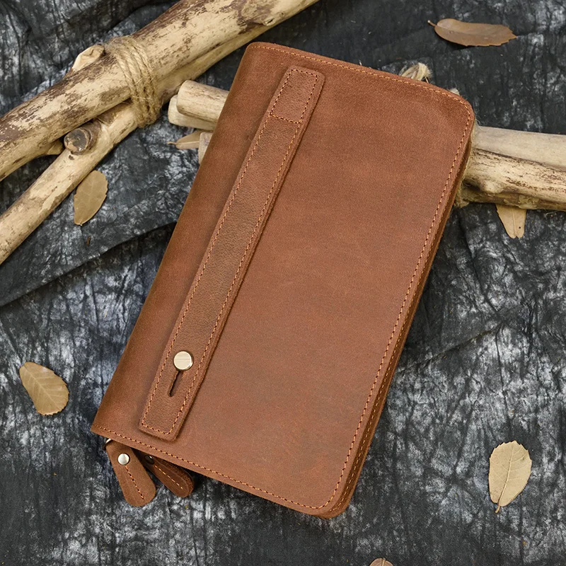 

Leather Clutch Bag Mini Long Purse Crazy Horse Leather Wallet Case Business Clutch Bag for Men Male Clutches With Wrist Belt