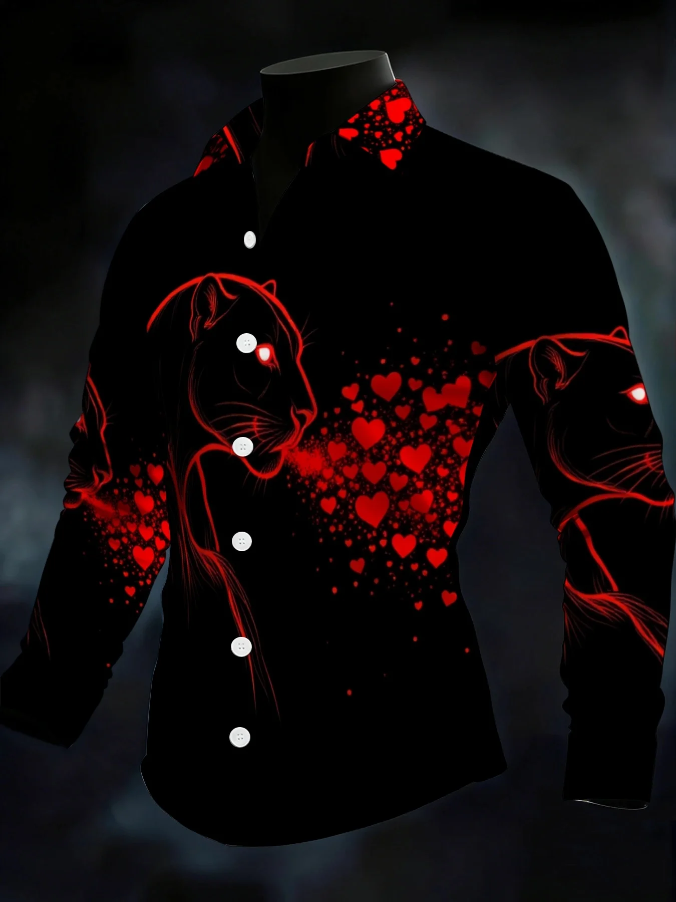 Men Long Sleeve Button Down Shirt Black Red Heart Leopard Silhouette Print Polyester Lapel Collar Party