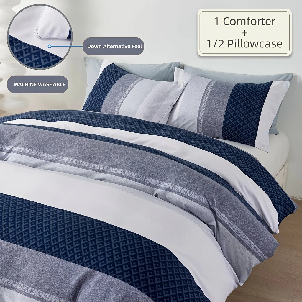 

SLEEPBELLA Down Alternative Comforter Queen Size, Ultra Soft Fluffy Winter Bedding Duvet Insert, Reversible Stripe Patchwork Quilt, Warm Home Gift