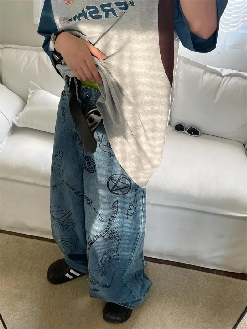 Men's Graffiti Print Personality Loose Jeans Fashion Trend Autumn Street Style Trousers Male High Waisted Wide Leg Denim Pants