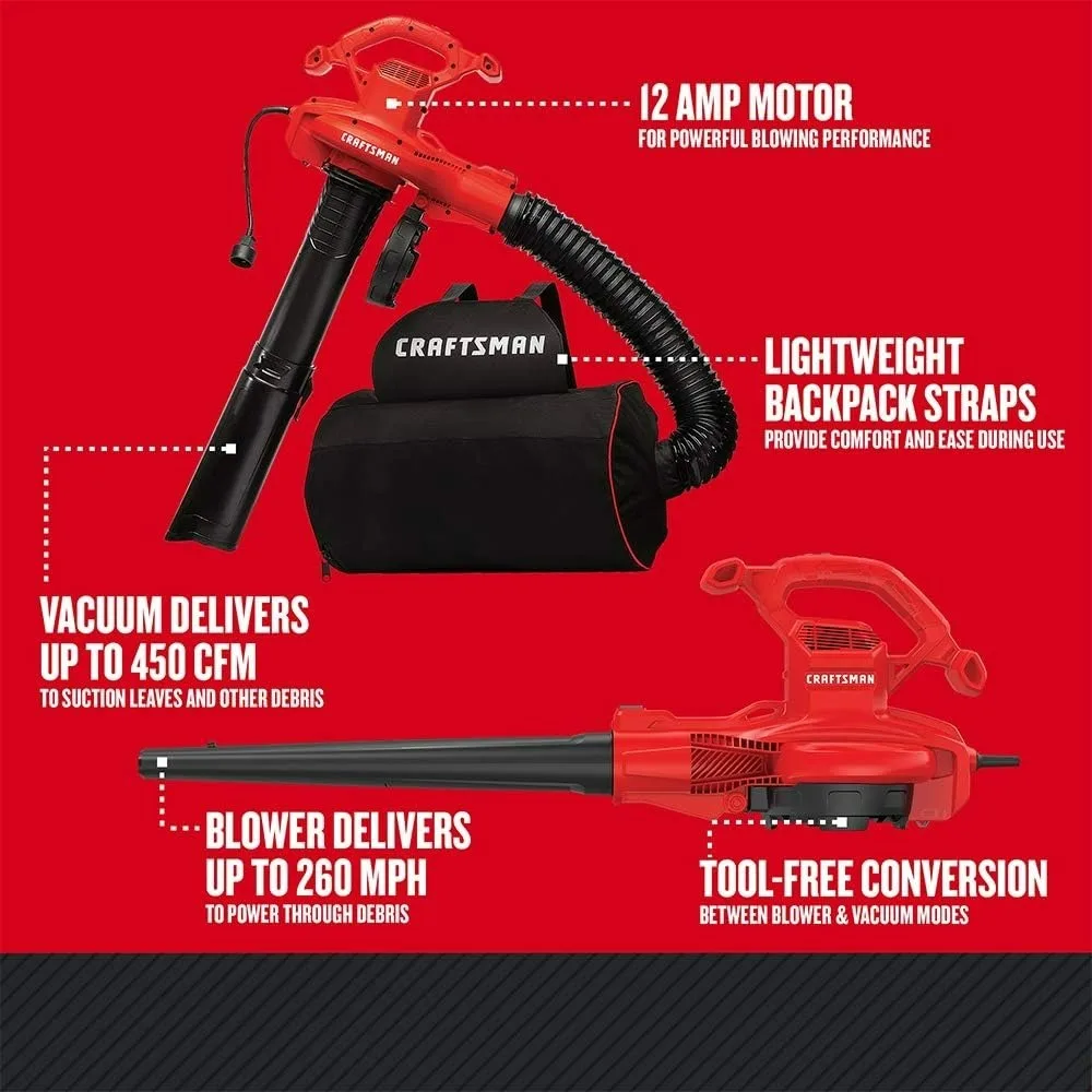 CRAFTSMAN 3-in-1 Leaf Blower Vacuum and Mulcher Backpack Blower Up to 260 MPH 12 Amp, Corded Electric Leaf Collector (CMEBL7000)