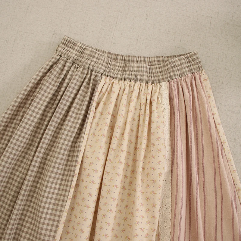 Japanse Vintage Mori Girl Bloemenprint Geruite Kant Patchwork Rok Vrouwen Zomer Elastische Taille Borduren A-lijn Katoenen Rok