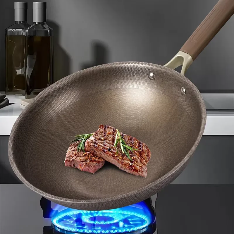 

Nonstick Uncoated Home Kitchen Cookware Skillet For Induction And Gas Stove Titanium Stainless Steel Wok Frying Pan