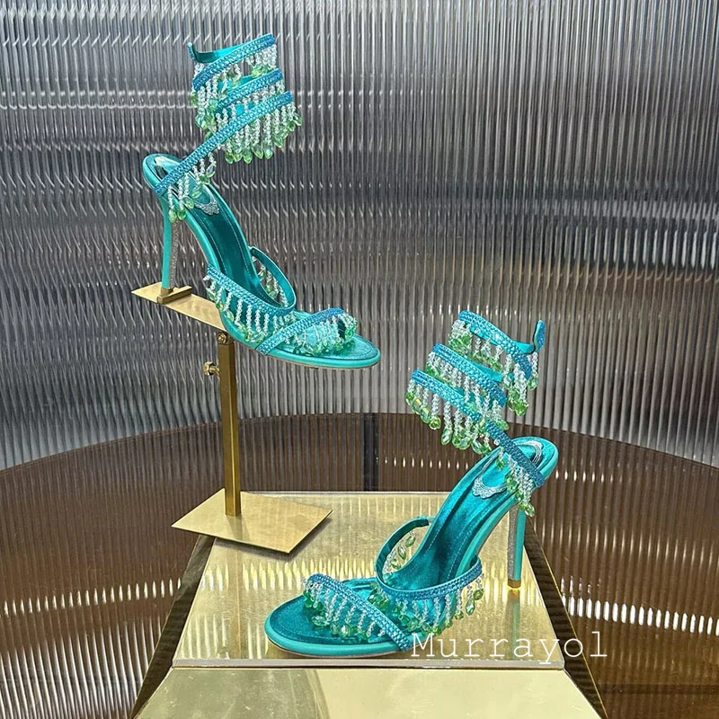 Sandals Women Ankle Snake Shaped Strap Entanglement Banquet Dress Shoes Summer Tassels Rhinestone Decor Thin High Heel Sandalias image 2