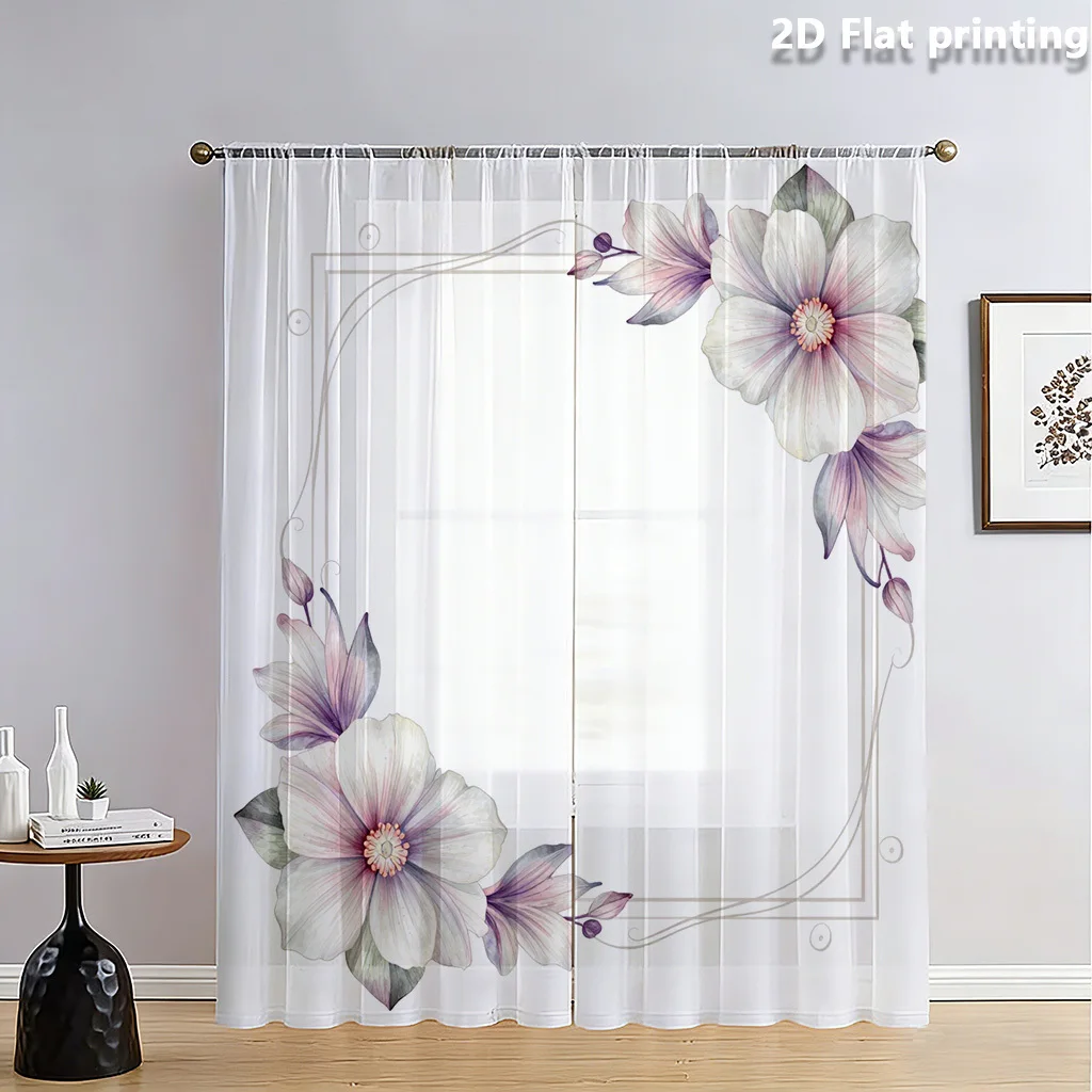 

2D FLAT 2pcs Sheer Curtains Floral Pattern With Purple And White Flowers Rod Pocket Window Drapes, Filtering Panels for Bedroom