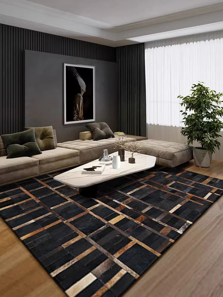 Black Gold Plaid Natural Cowhide Carpet Home Decoration Handmade Genuine Cow Hide Patchwork Rug Bedroom Study Room Customize Mat