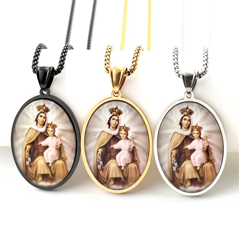 Jungfrau Maria Halten Baby Jesus Glas Anhänger Halskette für Frauen Männer Edelstahl Gold Farbe Katholische Mutter Kette Schmuck