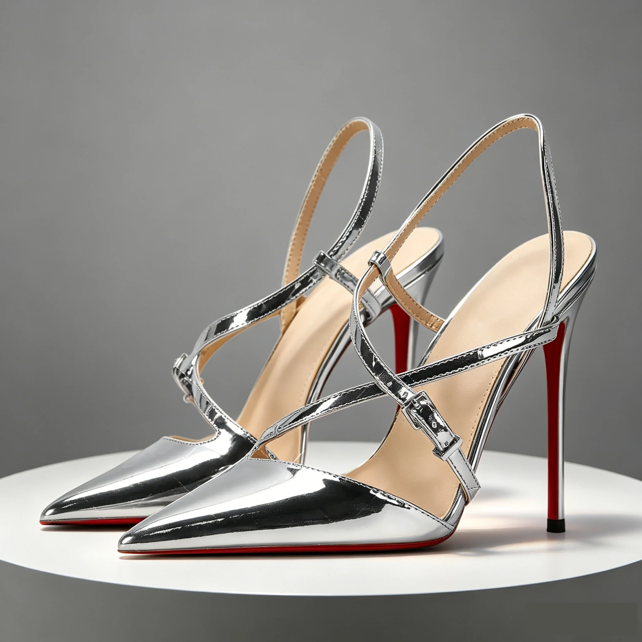 

26New Size35-46/silver 12cm pointed-toe heel-less design lace-up red-soled high heels, sexy single-buckle cross-strapped sandals
