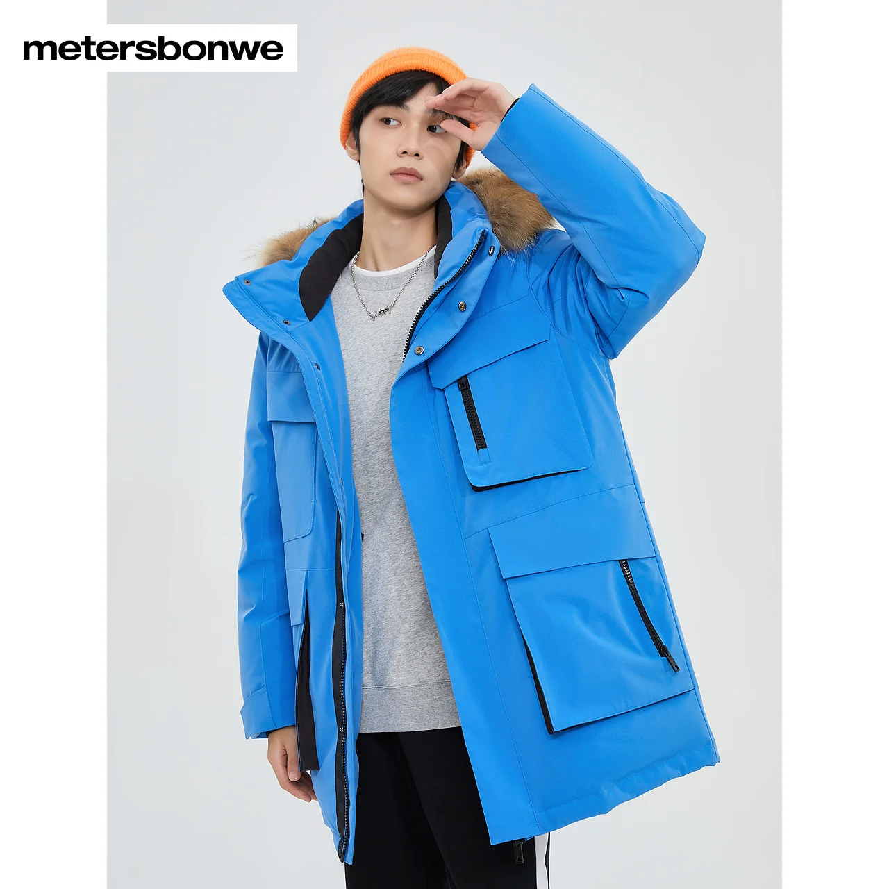 

Metersbonwe-Men's Down Jacket Loose Hooded Thick Duck Down Pike Coats Fur CollarSkiing Outdoor Cargo Winter