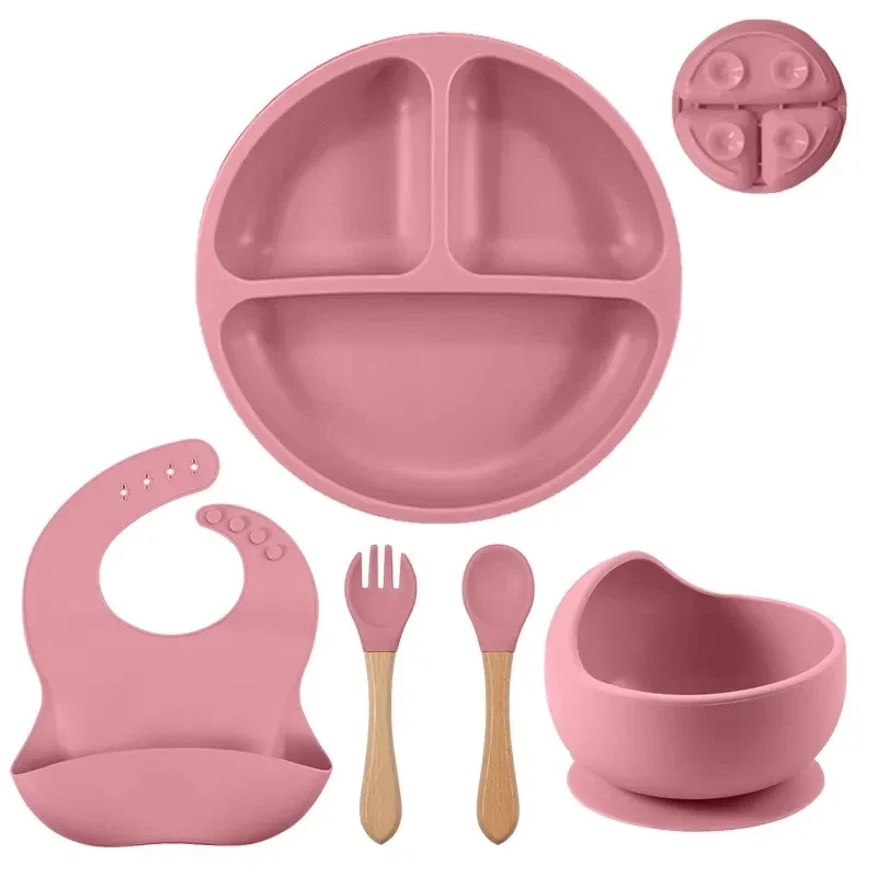 

5Pcs Baby Silicone Tableware Set Infant Solid Color Waterproof Bib Newborn Feeding Burp Toddler Dinner Plate And Mini Spoon