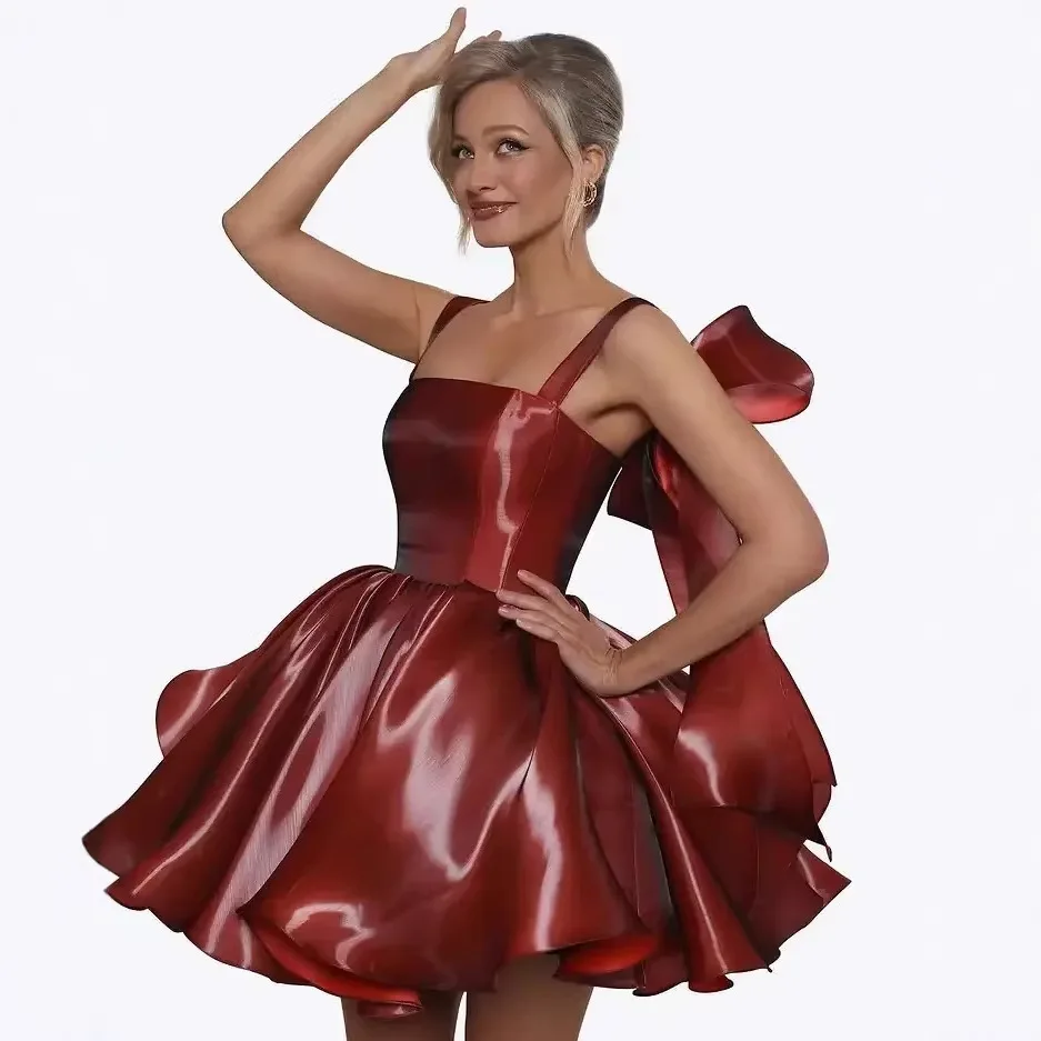 

Sexy Modern Burgundy Short Prom Party Dress Off the Shoulder Bow Satin A-line Homecoming Holiday Birthday Cocktail Gowns
