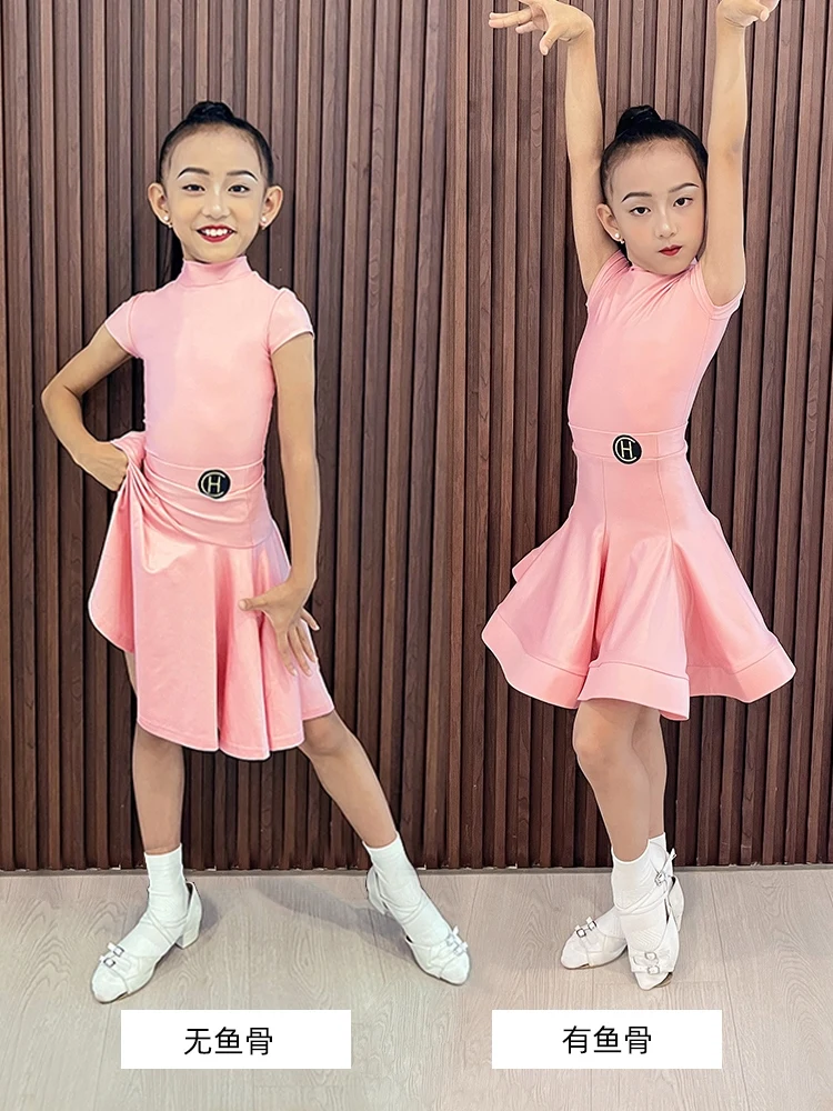 

New Children Clothing Pink Short Sleeved Split Skirt Practice Suit Chacha Rumba Tango Dress Latin Dance Dress For Girls DQS16953