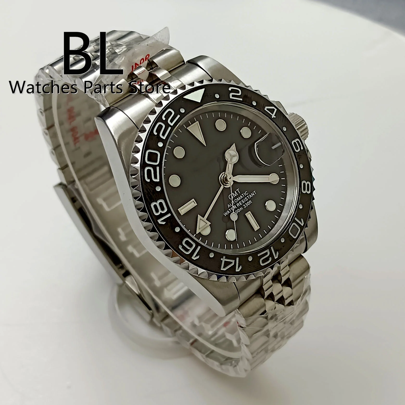 BLIGER NH34A GMT Automatic Men\'S Watch Black Blue Red Insert Blue Luminous Dial 40mm Jubilee Steel Bracelet Date Sapphire Glass