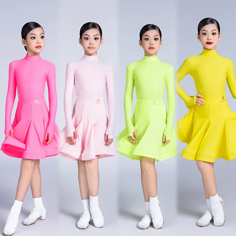 Girls Latin Dance Dress Professional Competition Clothing Long Sleeves Fluorescence Color Dress Cha Cha Rumba Dancewear DNV20840