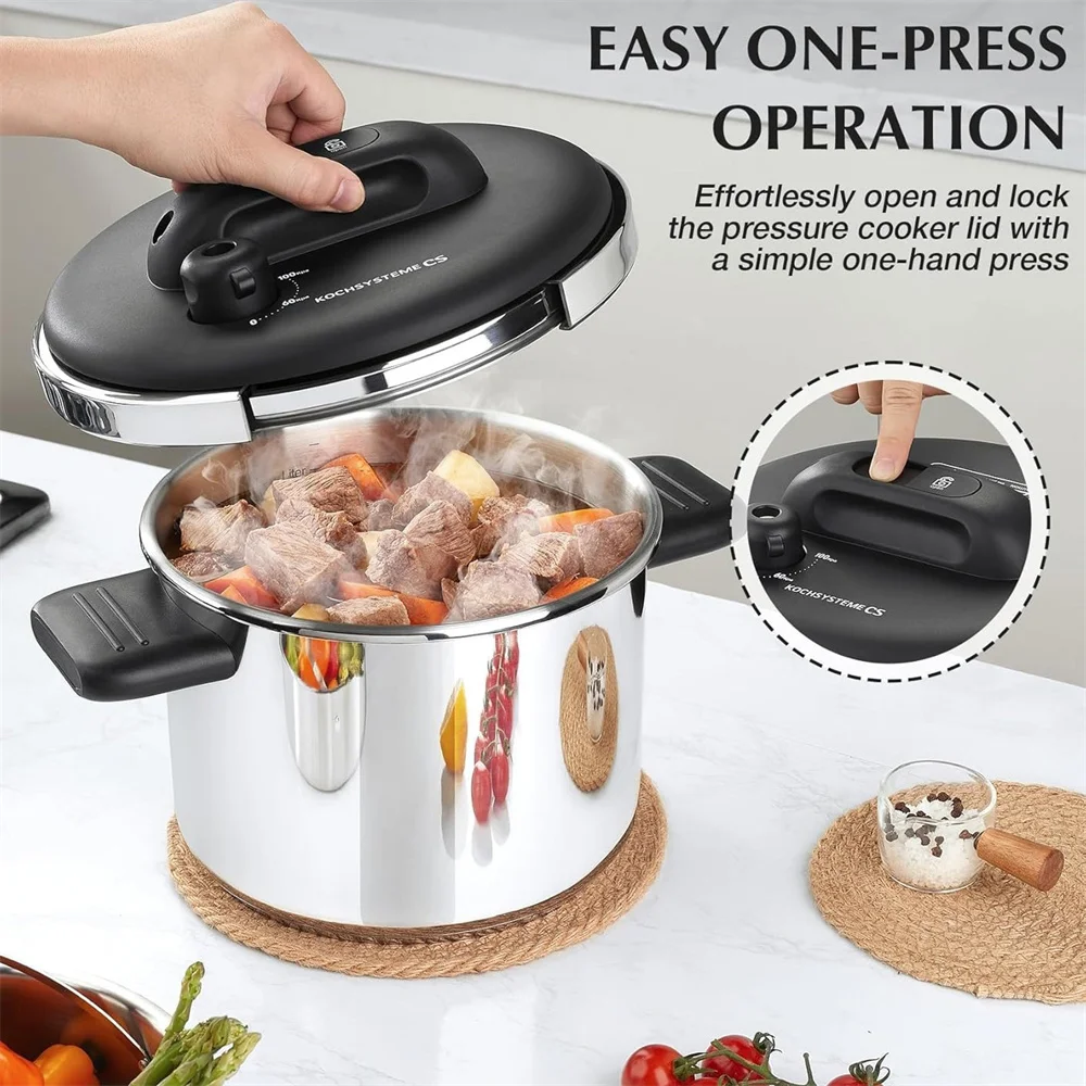 

KOCH SYSTEME CS 6L Stainless Steel Pressure Cooker Olla de Presion Easy One-Press Lock 18/10 Stainless Steel Pressure Cooker with Glass Lid & Steamer Induction Ready