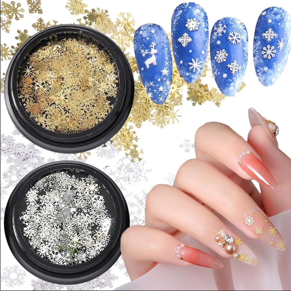 1Jar Gold Silver 3D Winter Snowflake Nail Charm Alloy Metal Christmas Snow Flake Rhinestones DIY New Year Nail Art Decoration