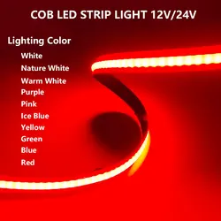 Taśma LED COB 12V 24V Czerwony Niebieski Zielony Żółty Fioletowy Różowy 320LEDs/Chips/M Oświetlenie Elastyczna Taśma LED FOB o wysokiej gęstości liniowej