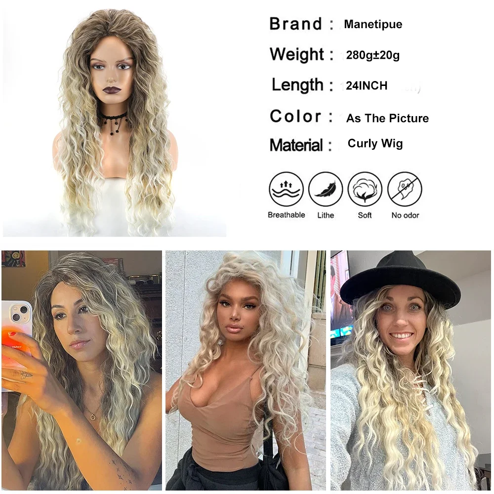 Perruque longue bouclée blonde ombrée pour femme, perruque ondulée, perruque de cheveux synthétiques en couches moelleuses naturelles, perruque de fête cosplay, utilisation 03