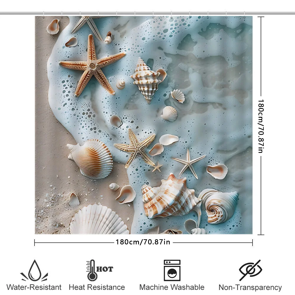 

Beach Themed Shower Curtain with Sea Shells and Starfish Design - Waterproof and Durable Bathroom Decor for Coastal Home Style