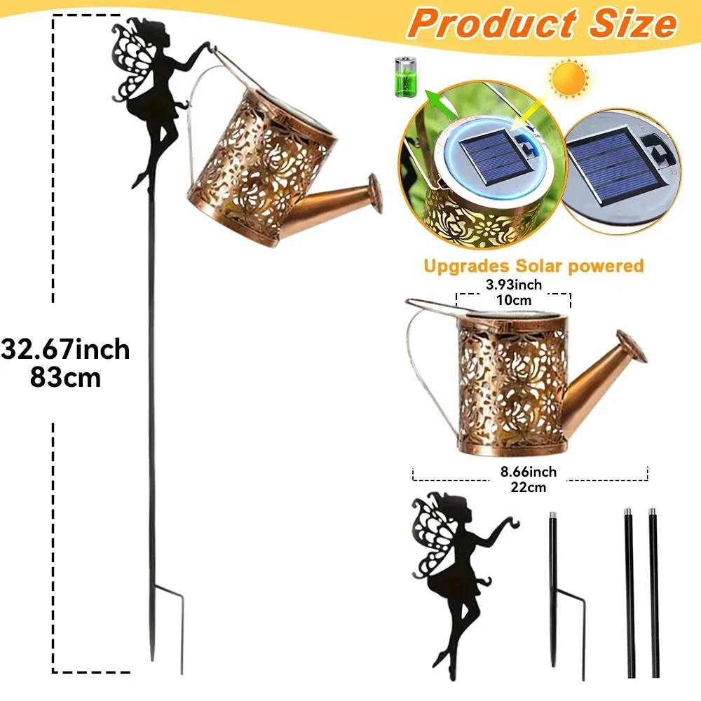 2PCS Outdoor Solar Fairy Kettle Lamp Garden Decorative Solar Rose Water Kettle Lanterns with Lights String for Yard Lawn Porch