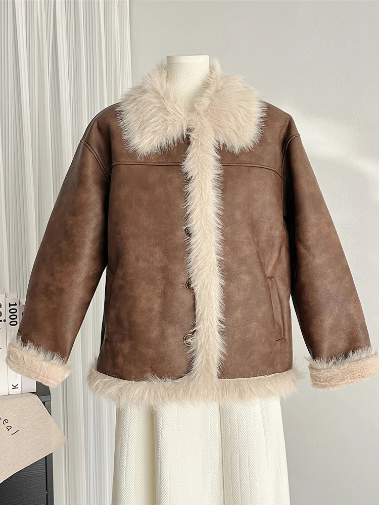 Women\'s Brown Leather Coat Jacket Vintage Long Sleeve Faux Fur Motorcycle Short Jackets Y2k Coats Harajuku Outfits 2000s Clothes