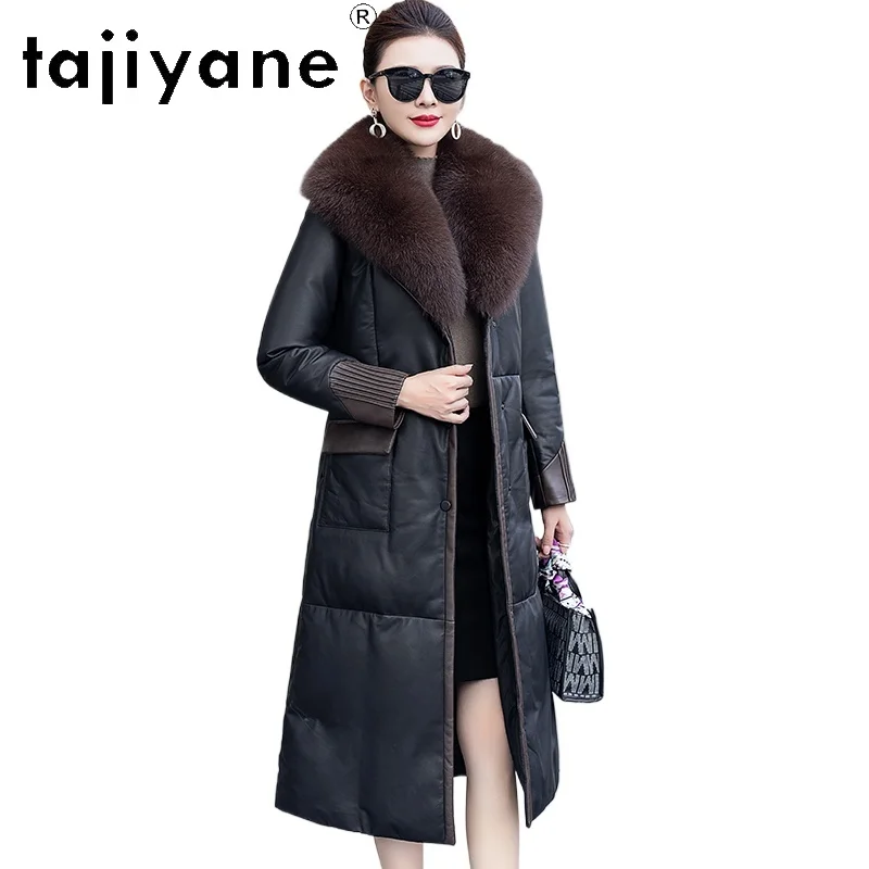 معطف نسائي من TAJIYANE مصنوع من جلد الغنم الحقيقي معطف نسائي ضيق طويل من الجلد الطبيعي معاطف بياقة من فرو الثعلب ملابس نسائية شتوية 2025 #1