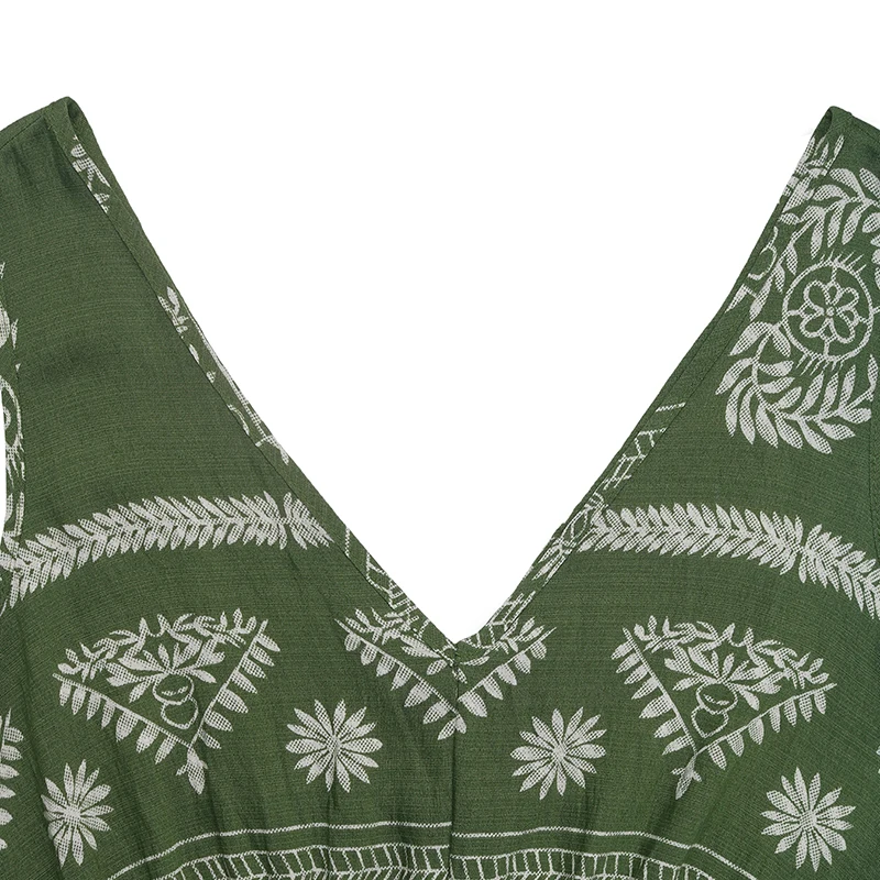 Damska Zielona Sukienka Maxi w Stylu Boho z Nadrukiem, Dekolt w Serek, Bez Rękawów, Wiązana w Talii, Warstwowa z Falbanami, Letnia, Wakacyjna, Codzienna, na Imprezę