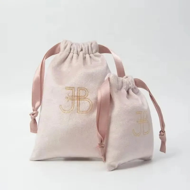 Custom Logo Printed luxury Pink Gift Velvet Drawstring Pouch cosmetic Bag  Ring Packaging Bags Wedding Party Favors Bag