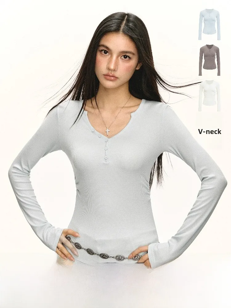 

Женская футболка Ariseism American Sle Retro Long Sve, весенняя новая внутренняя одежда, облегающая уличная одежда, однотонная, с v-образным вырезом