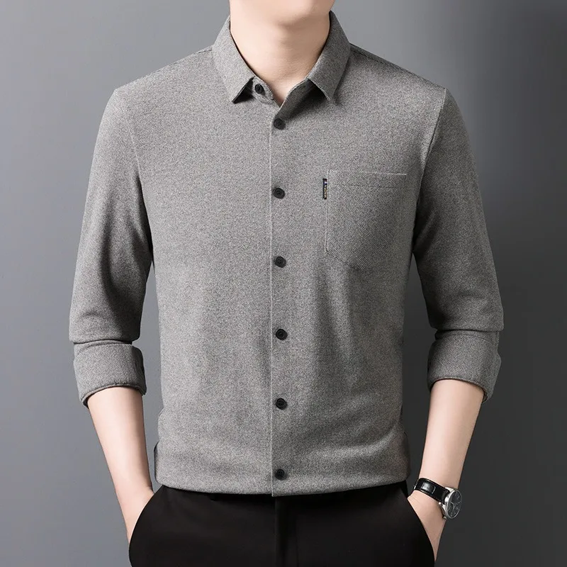 

Новые мужские рубашки из шерсти и шелка с длинным рукавом, осенние удобные топы, повседневные деловые мужские рубашки премиум-класса без глажки, простые рубашки высокого класса