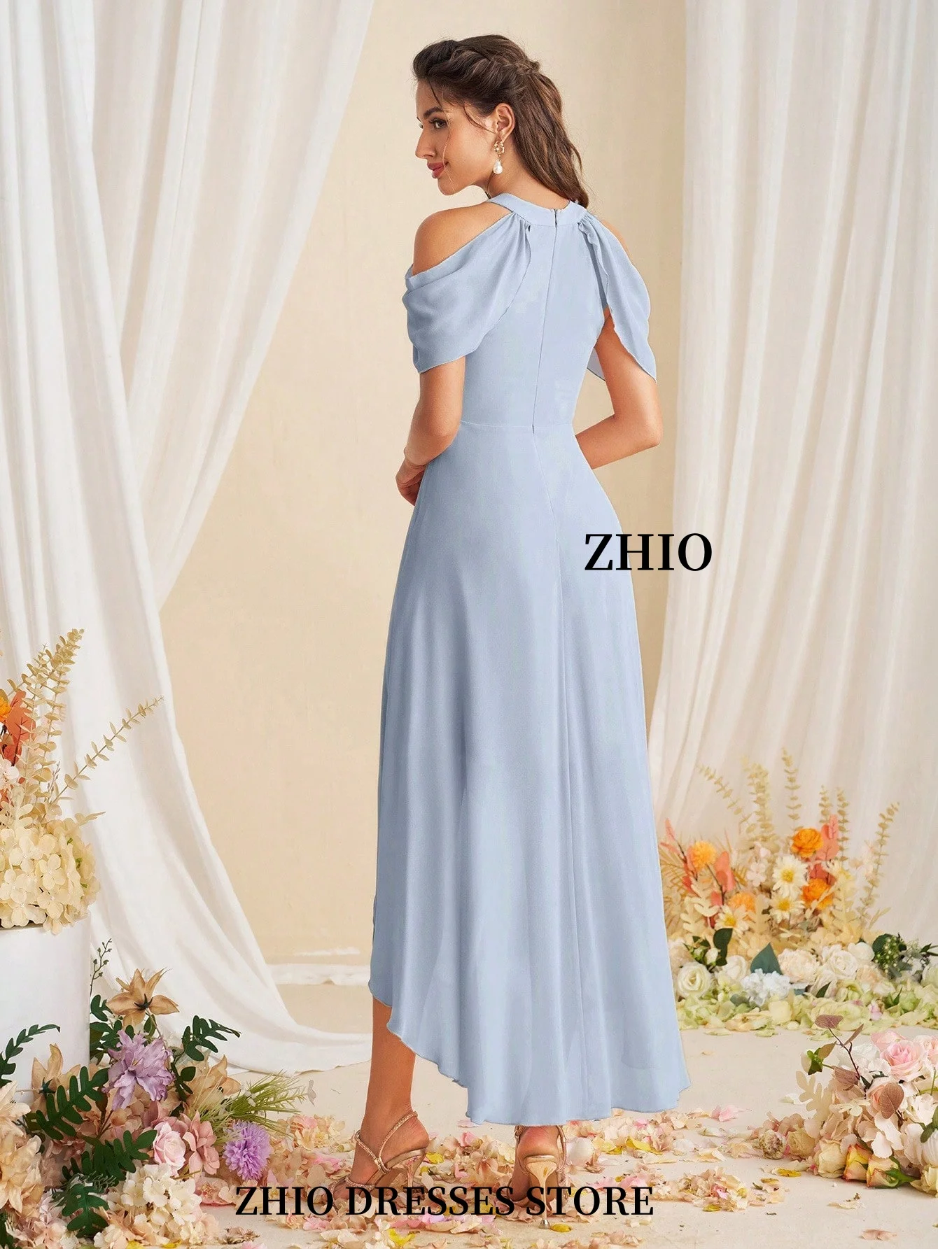 ZHIO Elegant Halter คอไม่สมมาตรชุดเจ้าสาว A-Line ค็อกเทลวันเกิดชุดราตรีที่กําหนดเอง