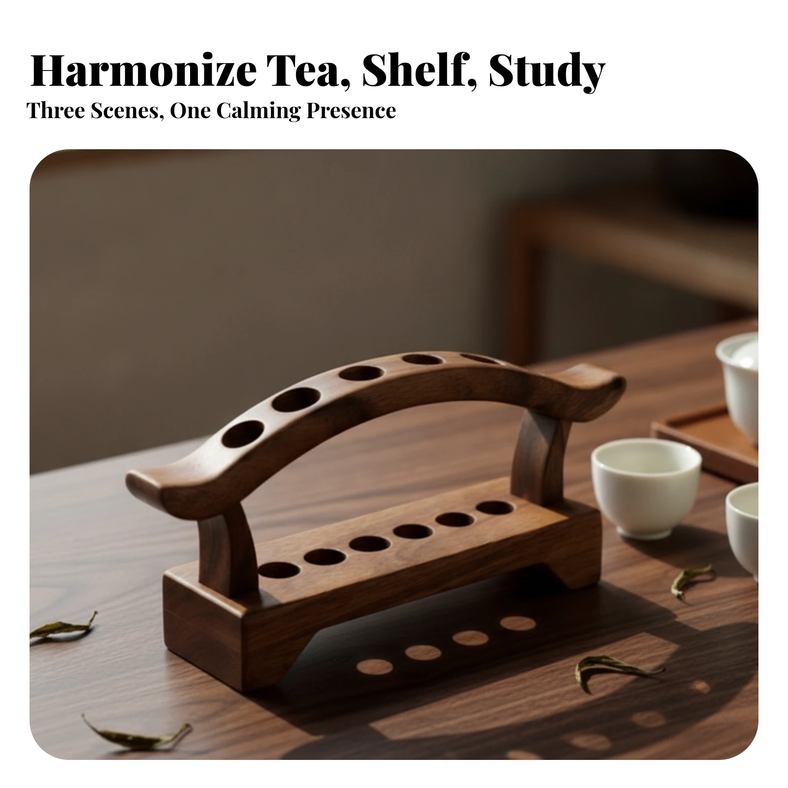Tea Utensil Storage Rack Low-Silhouette Wooden Rack with Circular Holes