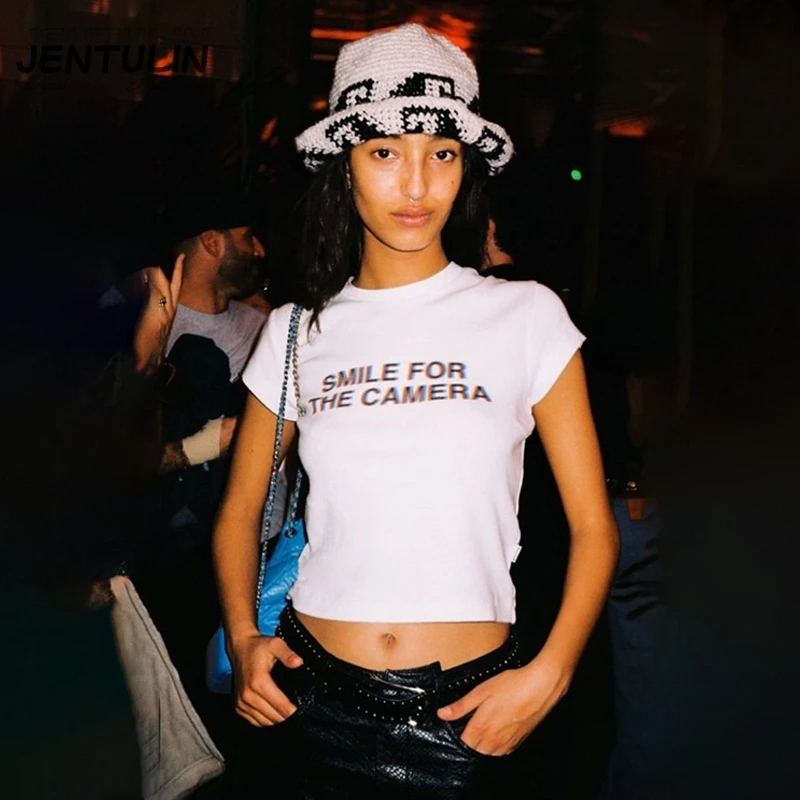 

Эстетическая креативная футболка с надписью, женская уличная повседневная укороченная футболка, эластичная удобная футболка, винтажная модная футболка в стиле Харадзюку