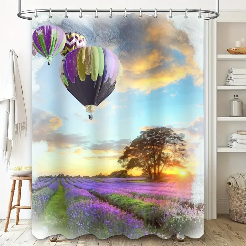 Vibrant Hot Air Balloons Lavender Fields Shower Curtain Waterproof Bathroom Decorations for Home Decoration Art Wall Hanging
