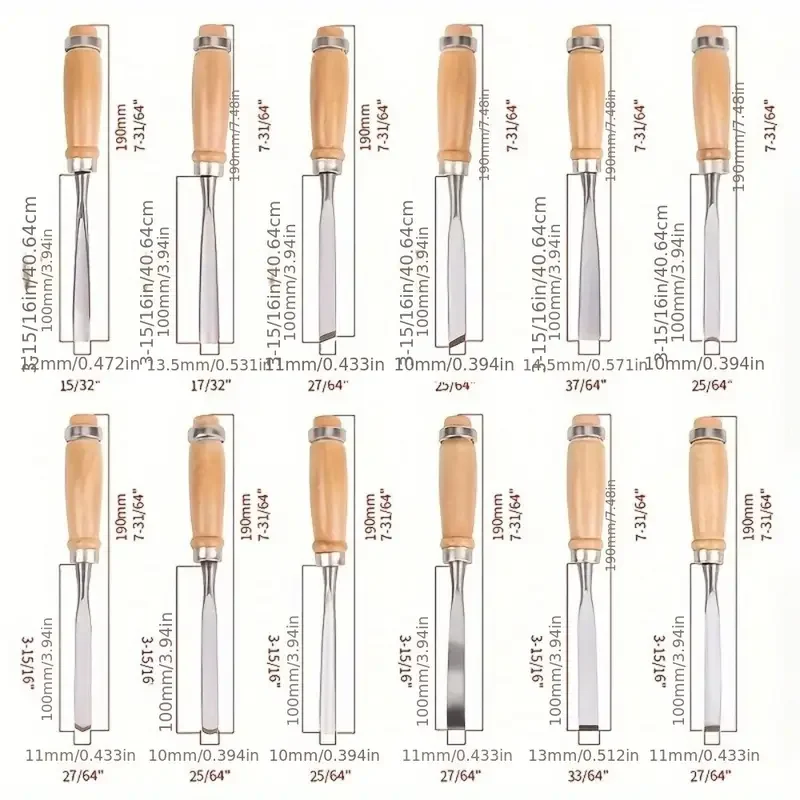 Wood Carving Chisels, Set of 12 High Manganese Steel Wood Carving Chisels, Polished Finish, Fine Woodworking and Carving Tools image 3