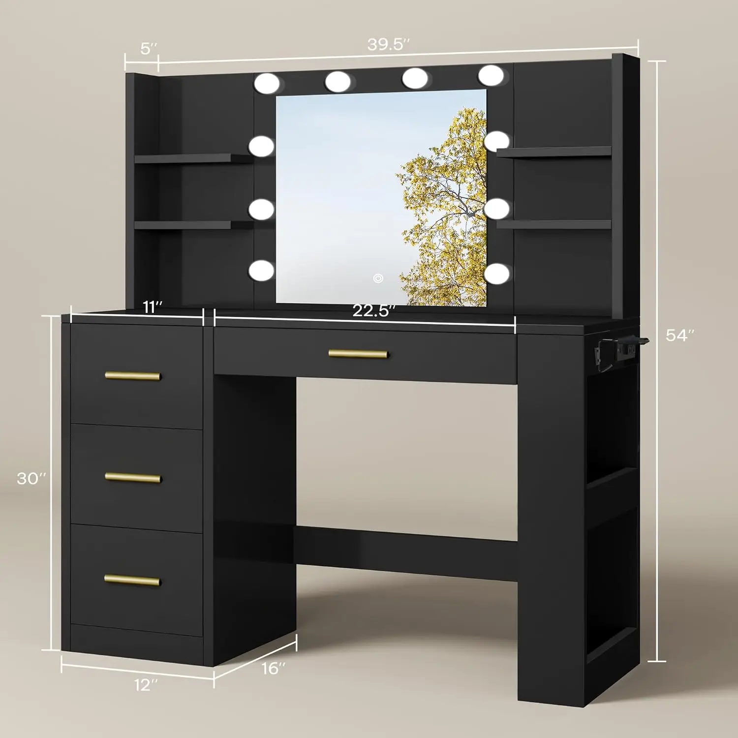 مكتب فانيتي مع مرآة ومخرج طاقة، طاولة مكياج مع 4 أدراج و6 أرفف تخزين، 3 ألوان إضاءة قابلة للتعديل