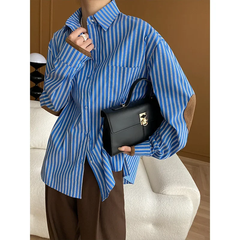 

Suede Patchwork Vertical Striped Loose Blue Shirt Layered Autumn and Winter Blouse