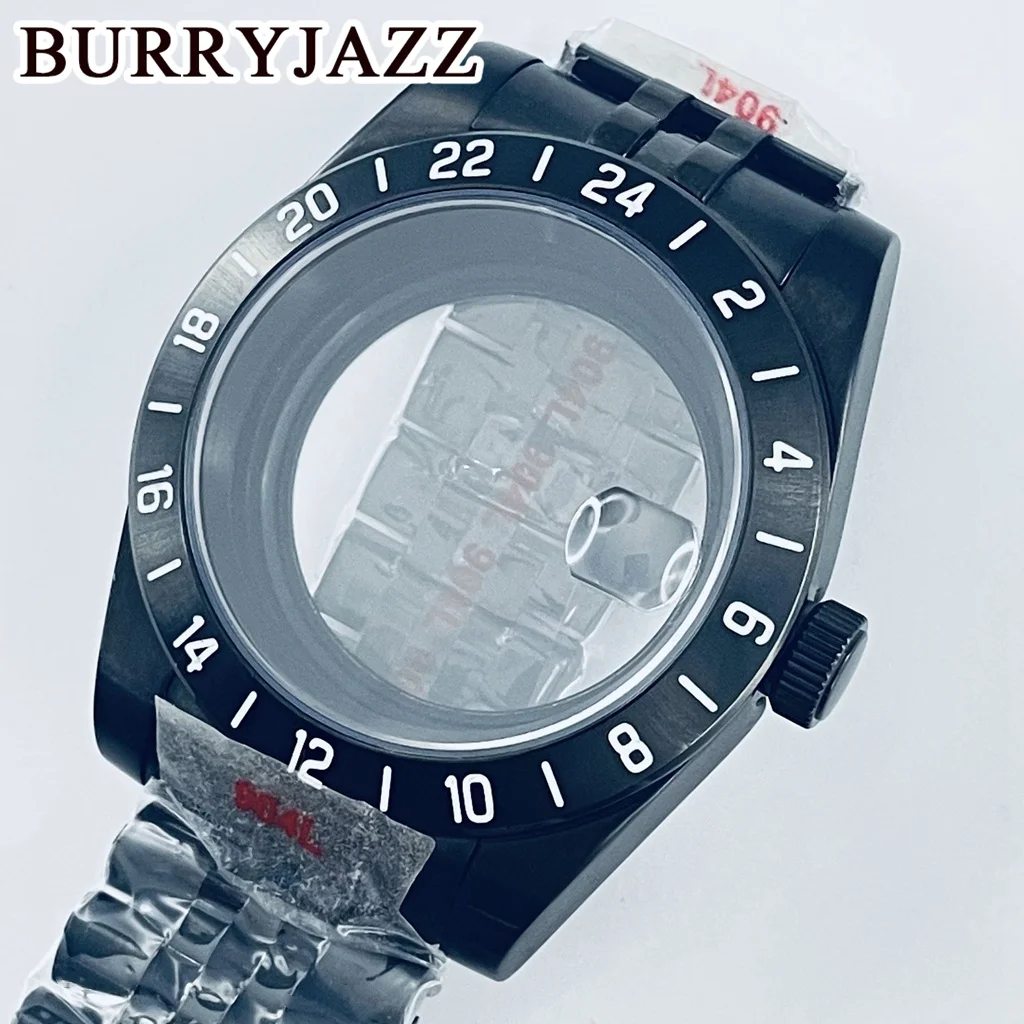 BURRYJAZZ 39 مللي متر NH34 NH35 NH36 NH70 NH72 ETA2824 PT5000 ساعة حافظة GMT وعاء من الستانليس ستيل الأسود والياقوت الزجاجي