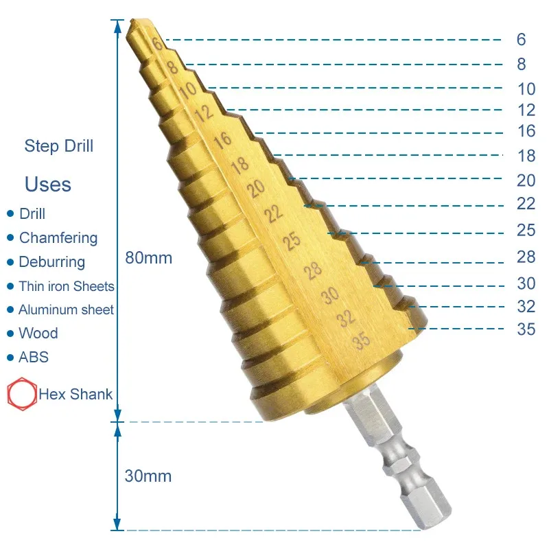 Step Cone Drill Bit Hex 4-22mm 6-35mm Titanium Coated Drilling Metal Hole Cutter
