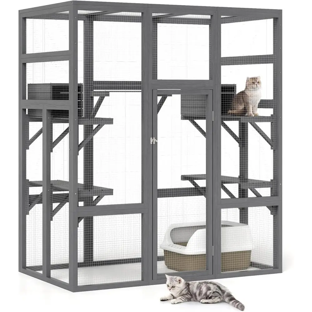 

Large 71 Wood Outdoor Cat Enclosure with Perches, Indoor Cat House, Waterproof Roof, 5 Platforms & 2 Resting Boxes, UV Resistant