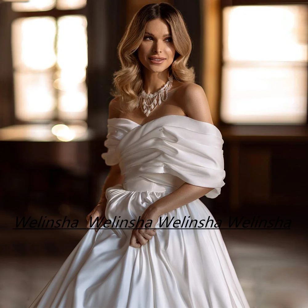 Modern Satin Wedding Dress Simple Off The Shoulder V Neck Ruched Pleat Sweep Train A Line Draped Corset Bridal Gown