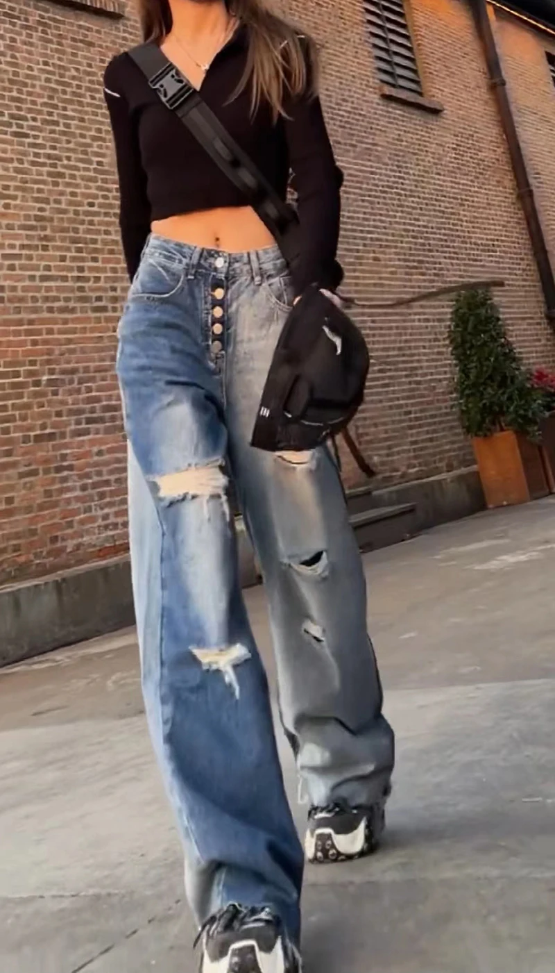 American Retro übergroße Jeans mit hoher Taille für Frauen lässig baggy y2k Hose mit weitem Bein Grunge Street Light Blue Denim Hose