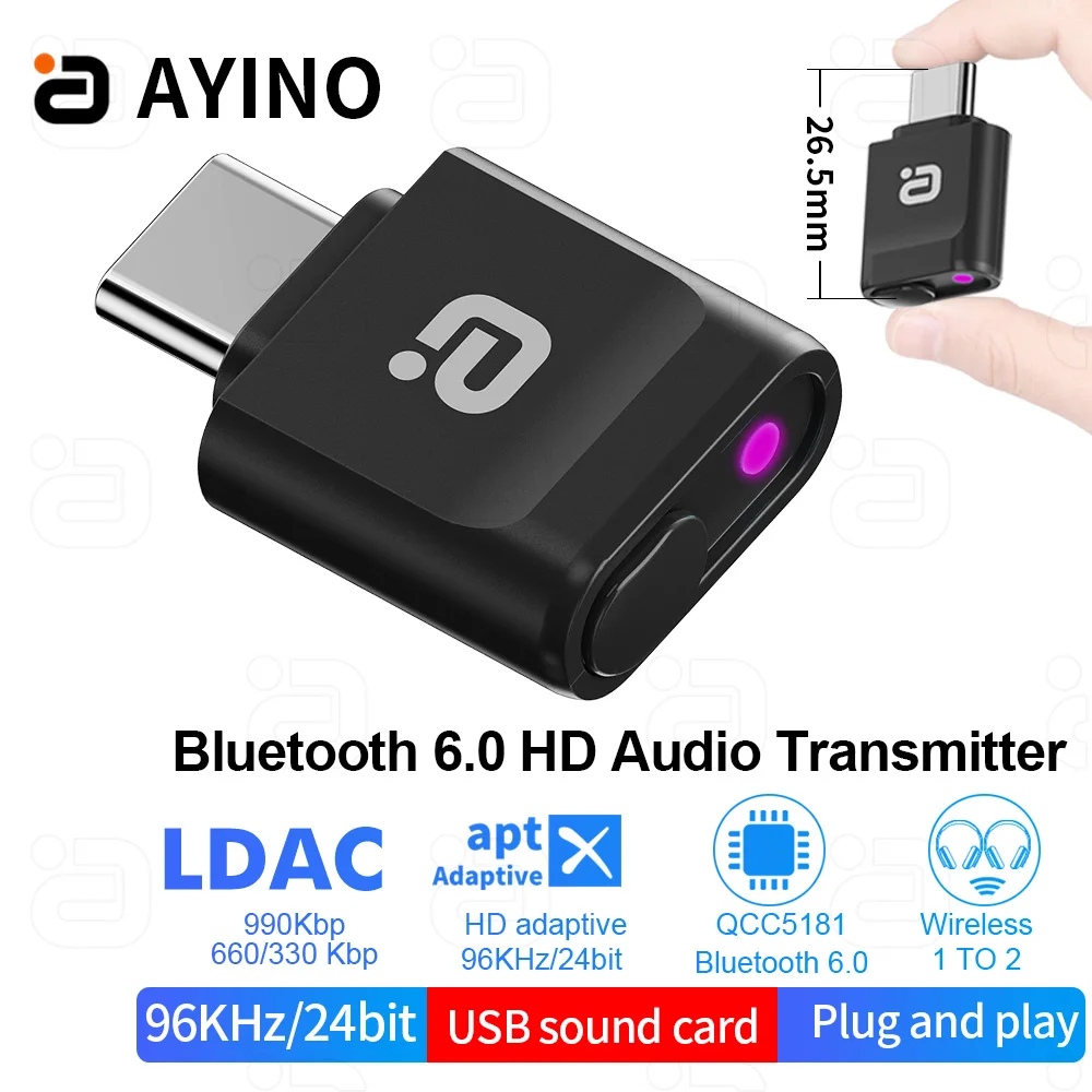 Aoyin MR286 Type-C Bluetooth 6.0 Transmitter LDAC aptX Lossless 96kHz/24bit 1-to-2 Dual Output for Phone PC TV