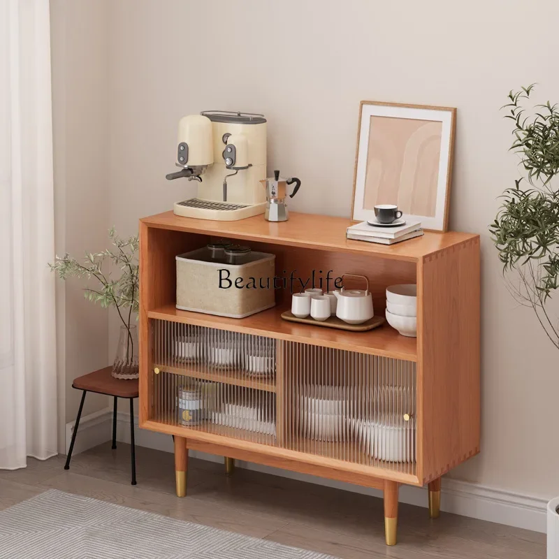 -Japanese-style solid wood dining side cabinet Nordic simple household living room glass storage locker