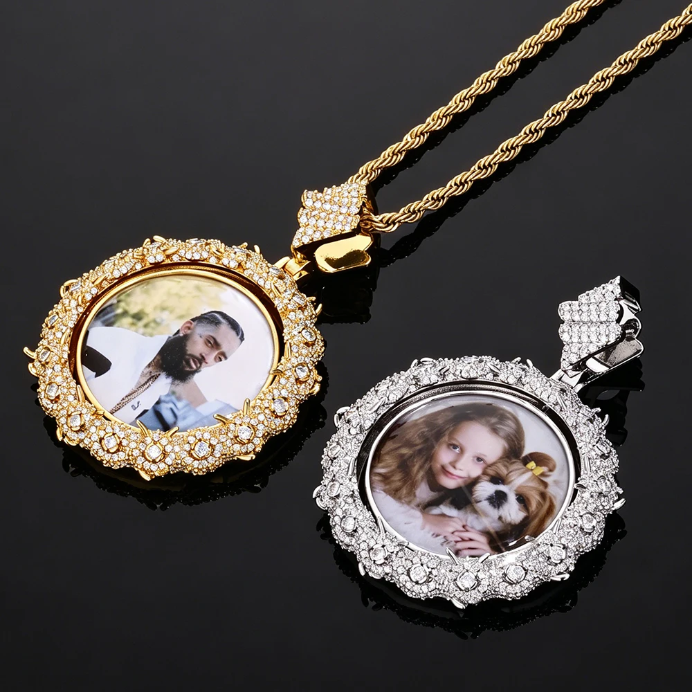 

Customized Retro Thorn Double Sided Rotating Pendant Necklace Iced Out Brass CZ Gold Plated Round Personalized Hip Hop Jewelry