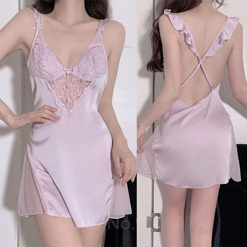 Women Sleepwear Nighty Gown Sexy Strap Nightgown Summer Lace Mini Nightdress Silky Satin Home Wear Intimate Lingerie Clothing