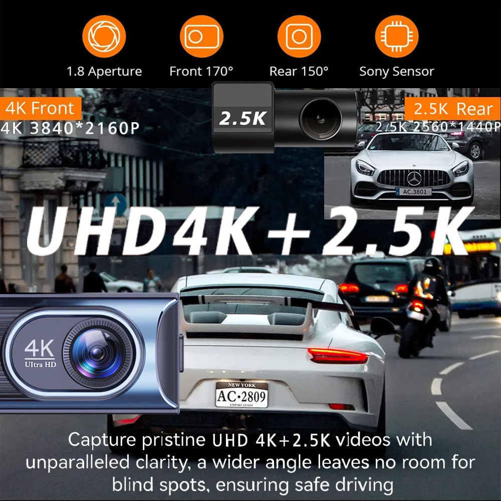 UHD 4K 2160P Car DVR Built-in WiFi GPS Dashcam Loop Recording Dash Cam Driving Recorder 2.5K Rear Camera Supports Speed Display